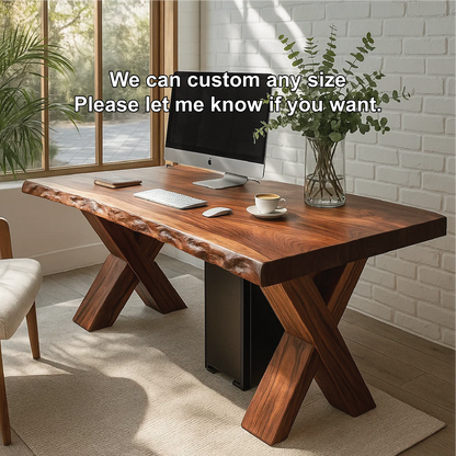 Handcrafted Solid Wood Work Desk – Live Edge Office Table with X-Leg Base and Natural Finish Kitchnce