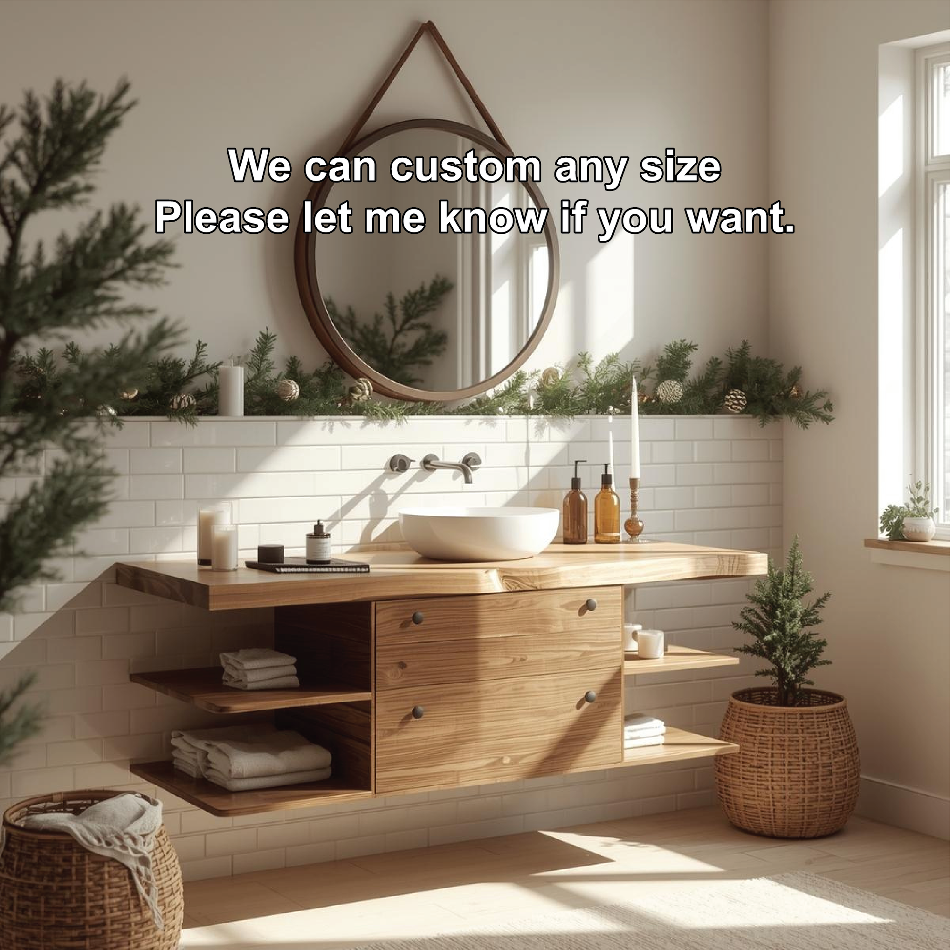 Handcrafted Solid Wood Floating Bathroom Vanity with Shelf Storage and Natural Modern Design Kitchnce