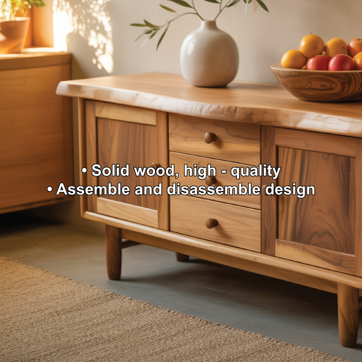 Handcrafted Solid Wood Dining Storage Cabinet with Live-Edge Top and Central Drawers Kitchnce