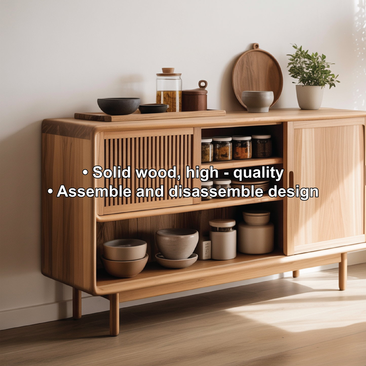 Solid Wood Console Table with Sliding Doors – Modern Handcrafted Storage for Dining Space Kitchnce