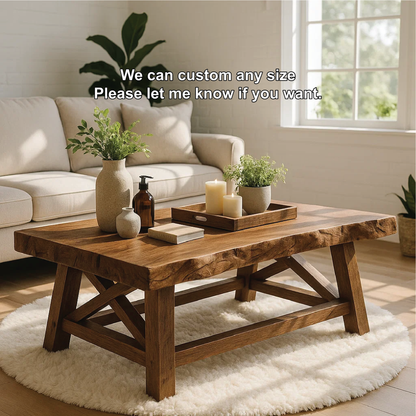 Handcrafted Solid Wood Coffee Table with Rustic Live Edge Top and Sturdy Cross-Leg Base Kitchnce