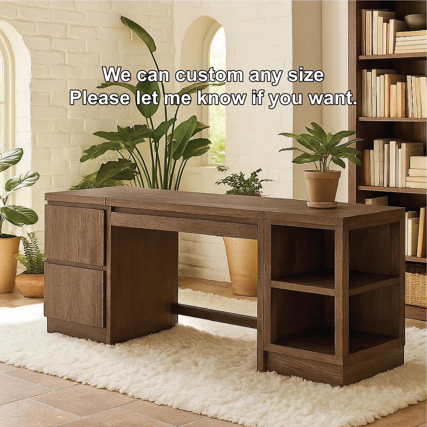 Handcrafted Solid Wood Work Desk – Modern Office Table with Storage Drawers and Open Shelves Kitchnce