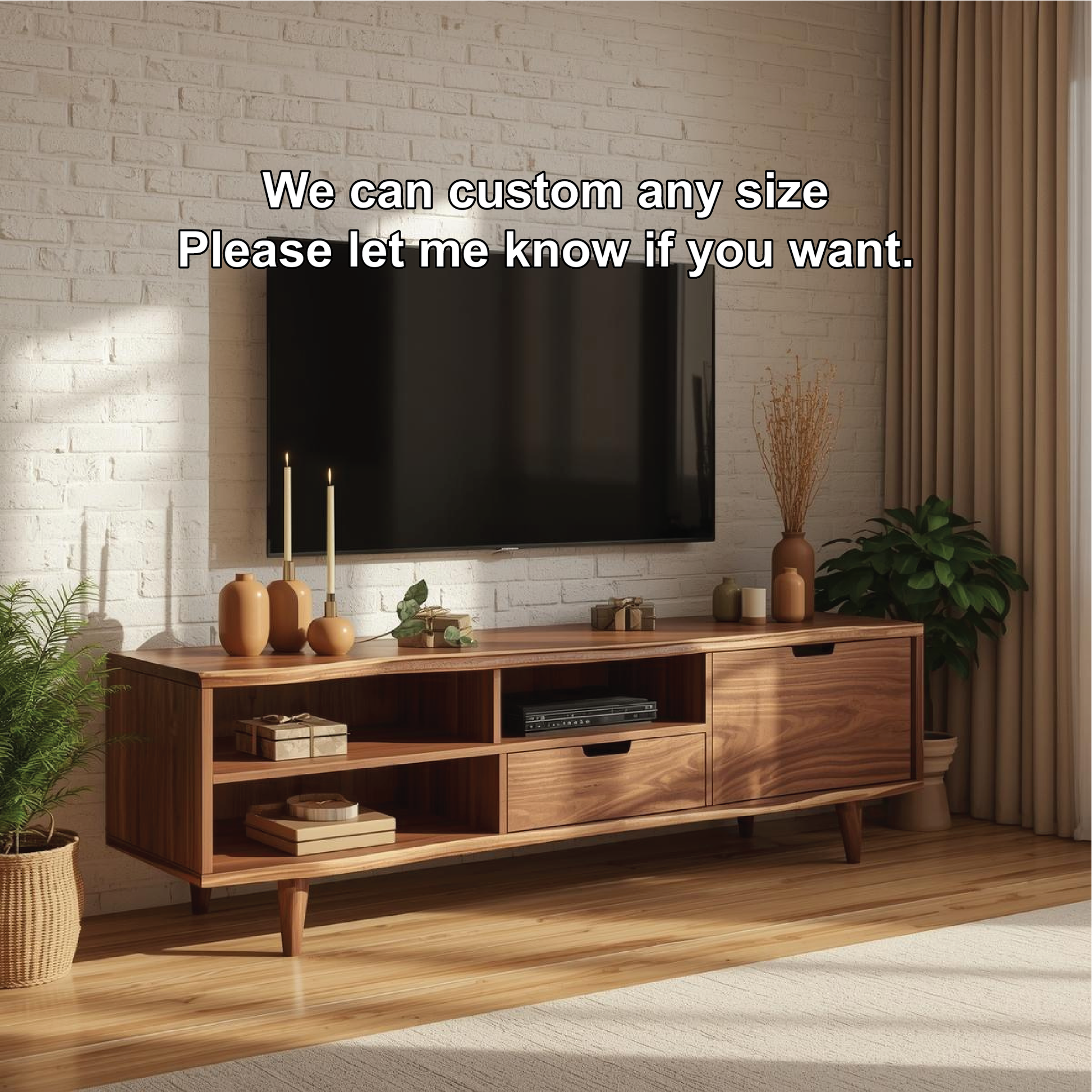 Handcrafted Solid Wood TV Stand with Mid-Century Modern Design and Open Storage Shelves Kitchnce
