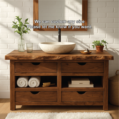 Handcrafted Solid Wood Bathroom Vanity with Natural Live Edge and Four Drawer Storage Kitchnce
