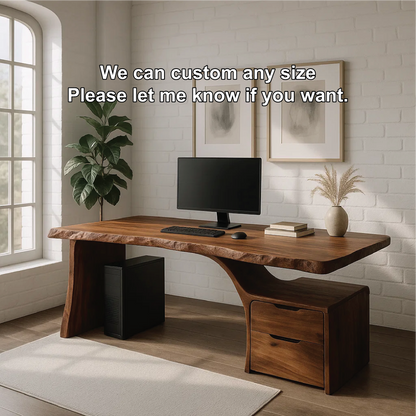 Handcrafted Solid Wood Work Desk – Live Edge Office Table with Organic Curved Base and Drawers Kitchnce