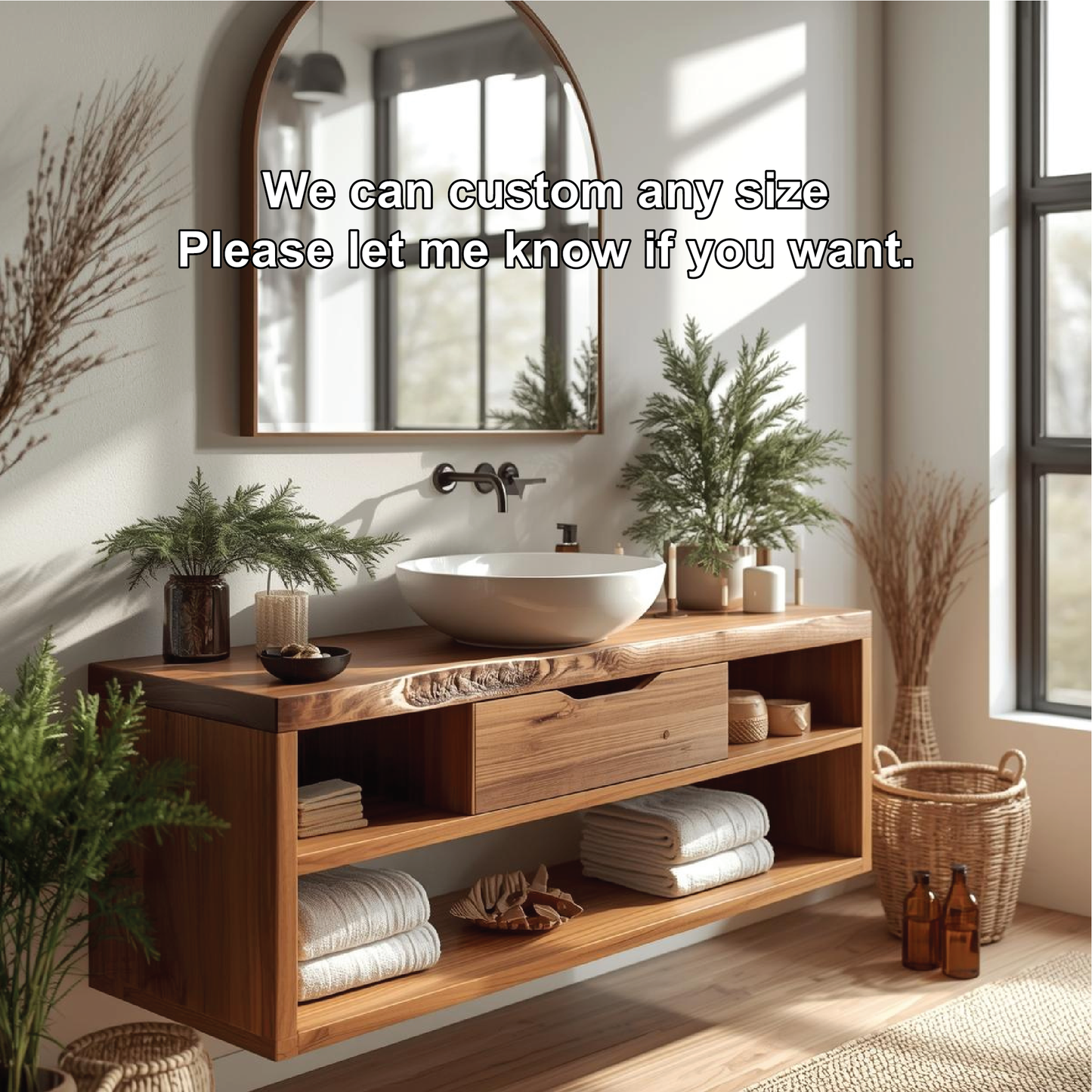 Handcrafted Solid Wood Floating Bathroom Vanity with Open Shelf Storage and Natural Live Edge Kitchnce