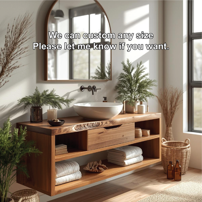 Handcrafted Solid Wood Floating Bathroom Vanity with Open Shelf Storage and Natural Live Edge Kitchnce