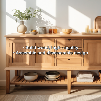 Handcrafted Solid Wood Dining Storage Sideboard with Open Lower Shelf and Multi-Drawer Design Kitchnce