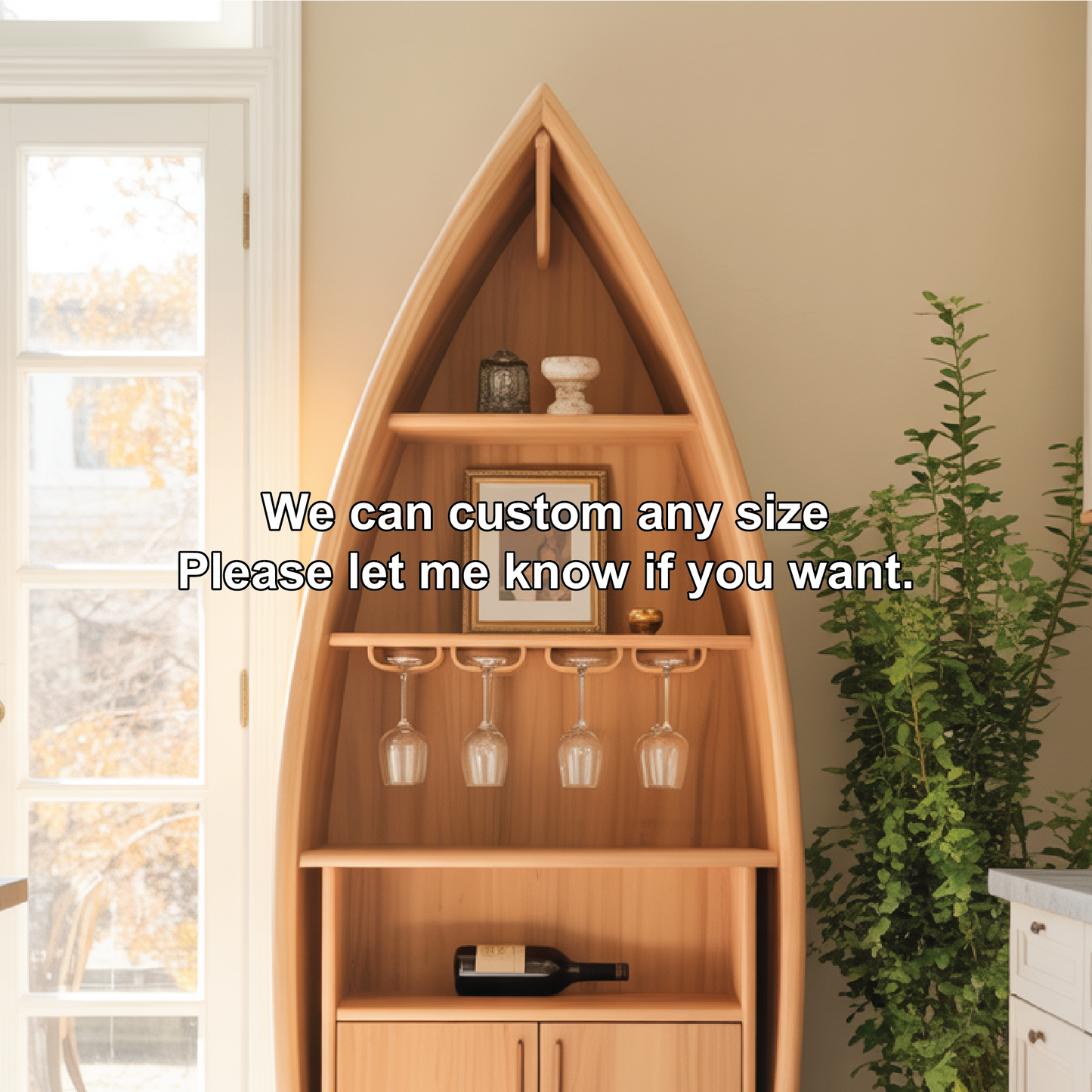 Handcrafted Solid Wood Boat-Shaped Dining Cabinet with Glass Rack and Lower Storage Doors Kitchnce