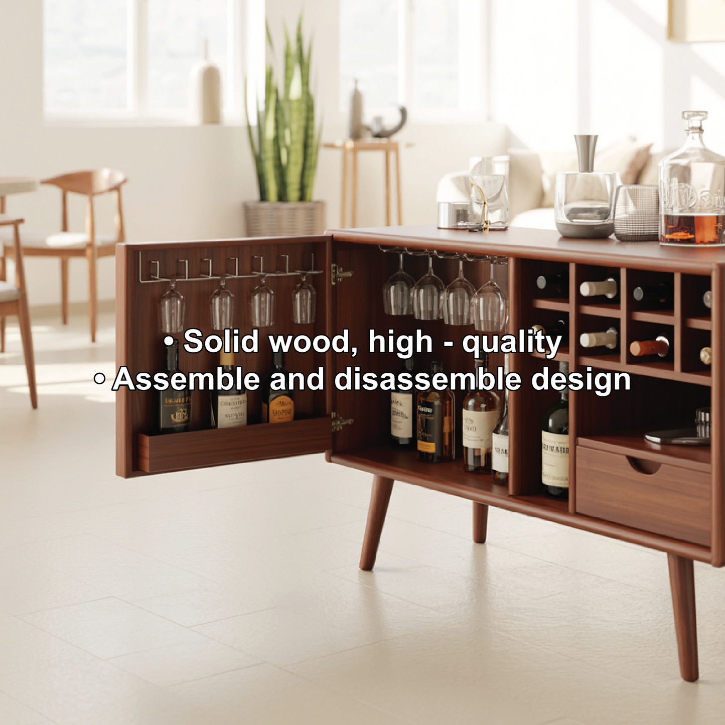 Solid Wood Wine Storage Cabinet with Glass Holders, Bottle Racks and Modern Mid-Century Design Kitchnce