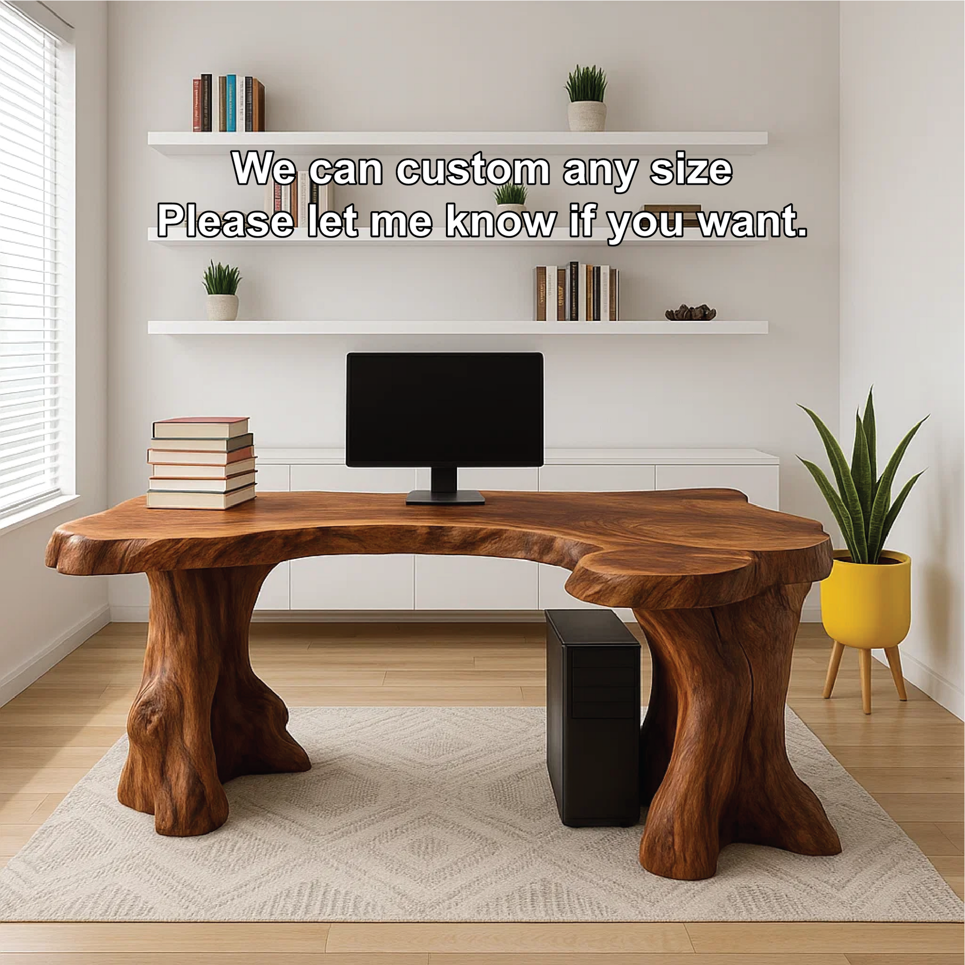 Handcrafted Solid Wood Executive Desk – Live Edge Office Table with Natural Tree Trunk Base Design Kitchnce