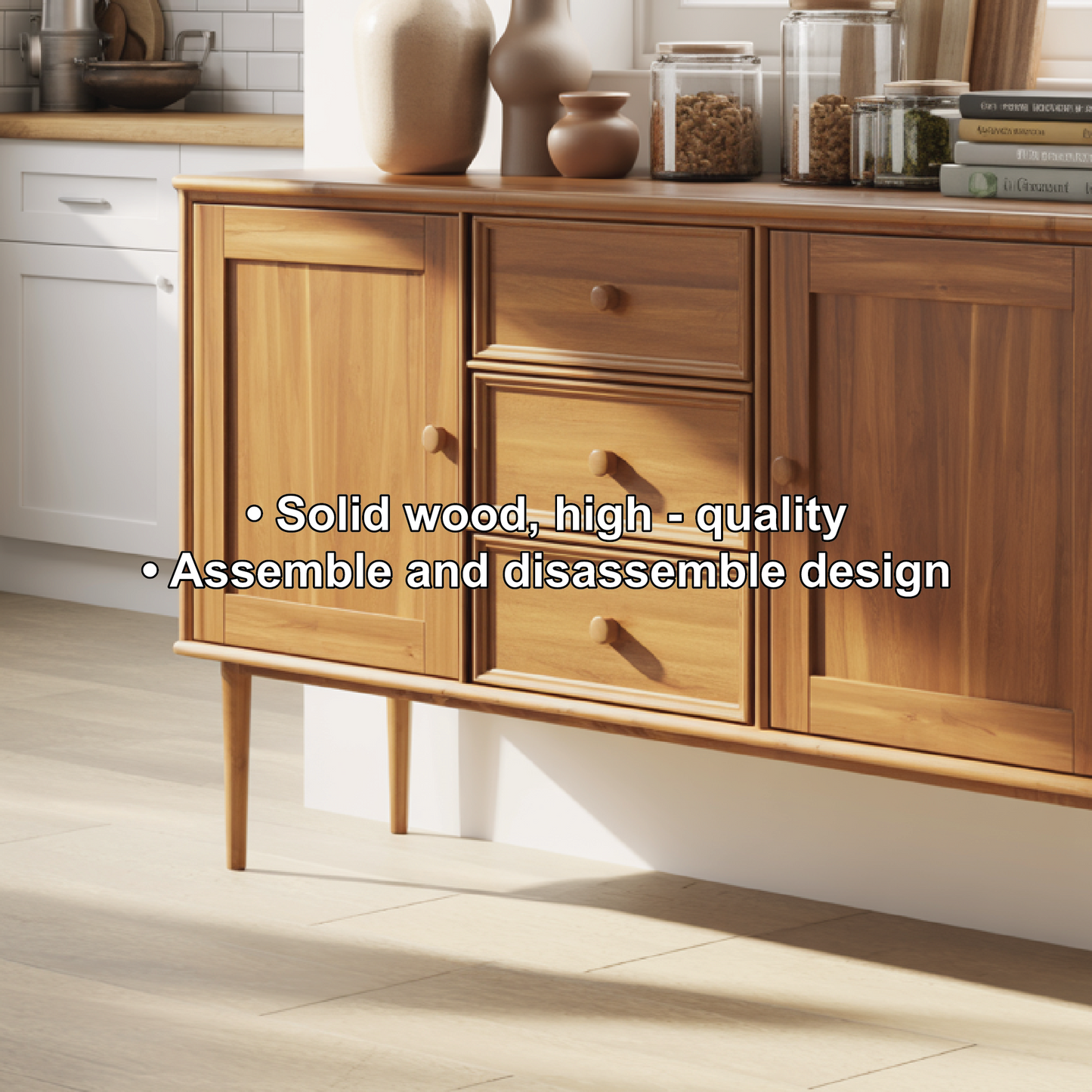 Handcrafted Solid Wood Dining Storage Sideboard with Raised Leg Design and Smooth Drawer Fronts Kitchnce