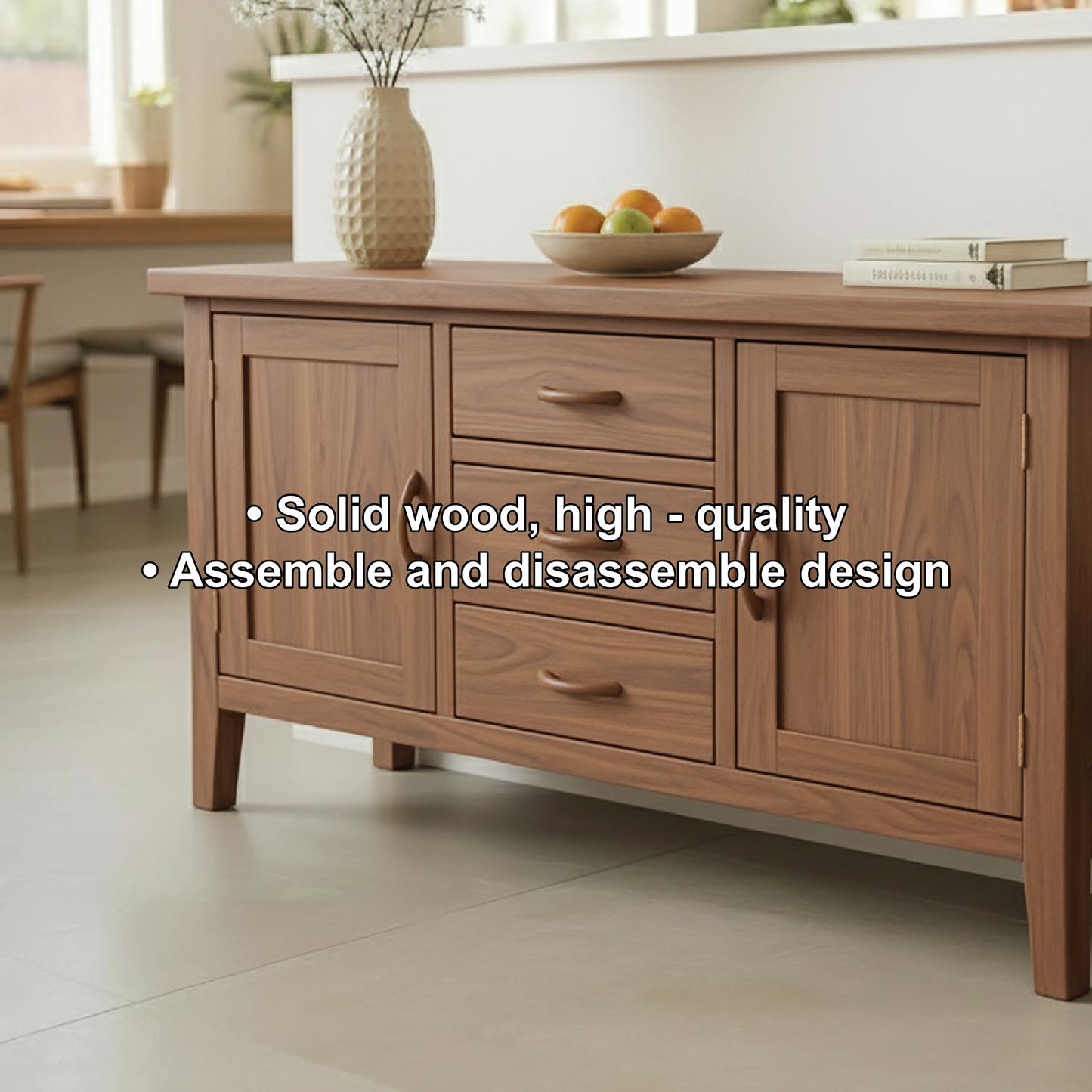 Handcrafted Solid Wood Dining Storage Cabinet with Center Drawers and Side Doors for Modern Homes Kitchnce