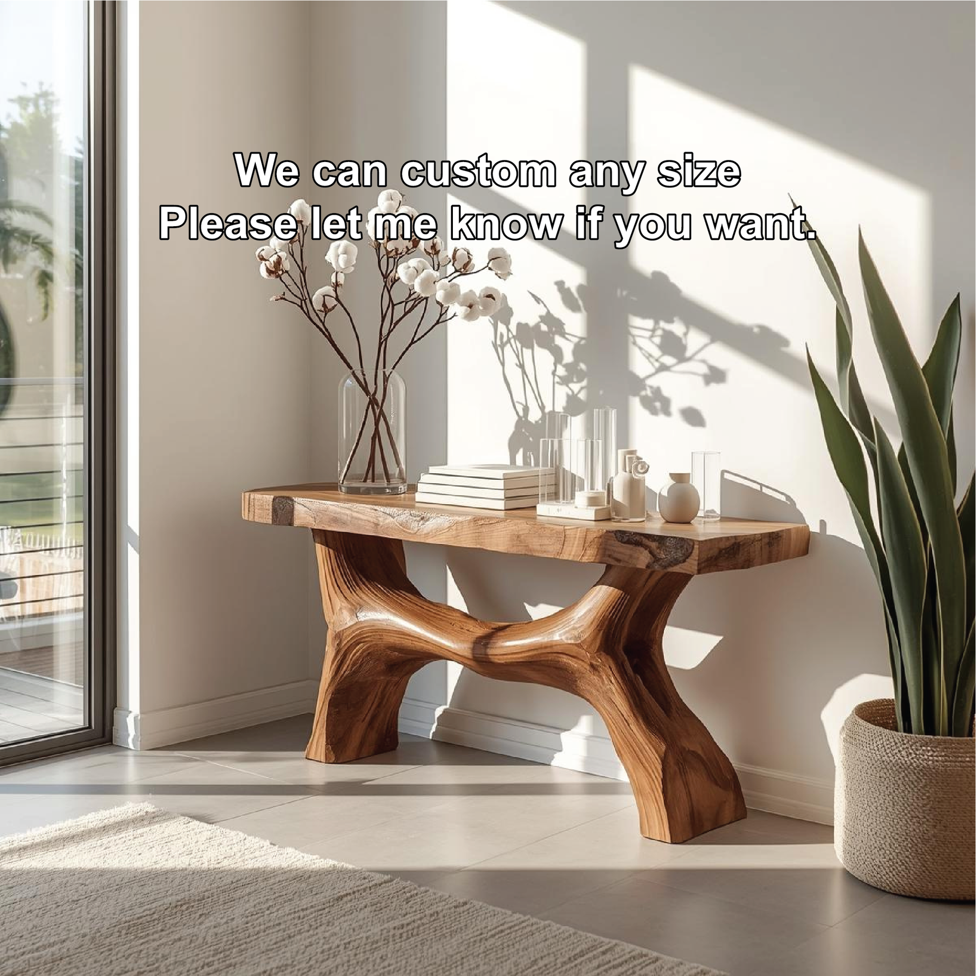 Handcrafted Solid Wood Console Table with Sculptural Base and Natural Live Edge Design Kitchnce