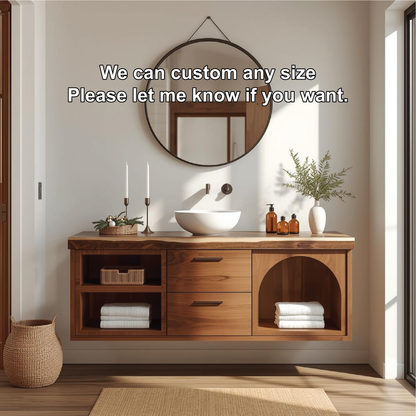 Handcrafted Solid Wood Floating Vanity with Arched Shelves and Contemporary Natural Finish Kitchnce