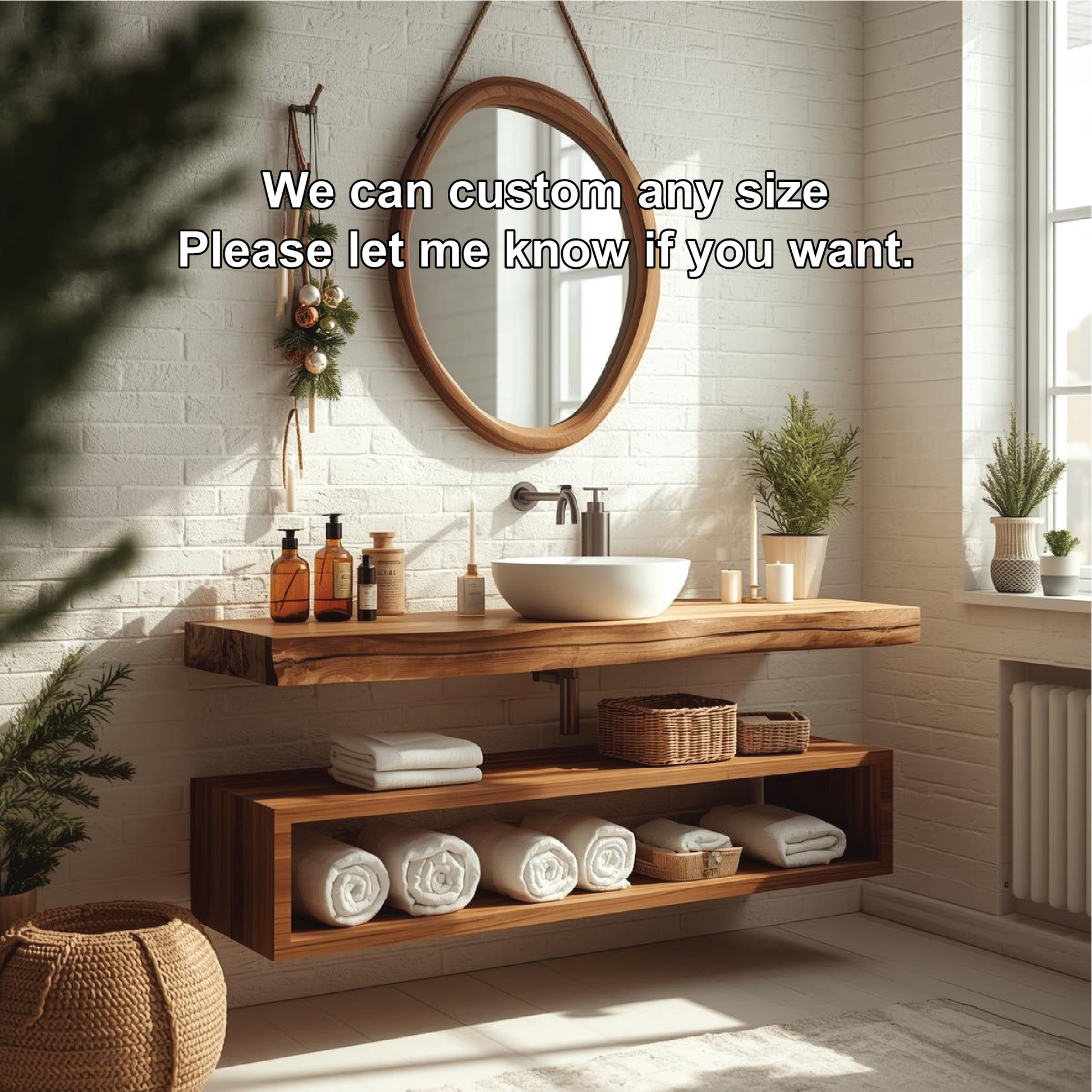Handcrafted Solid Wood Floating Bathroom Vanity with Live Edge Countertop and Open Storage Shelf Kitchnce