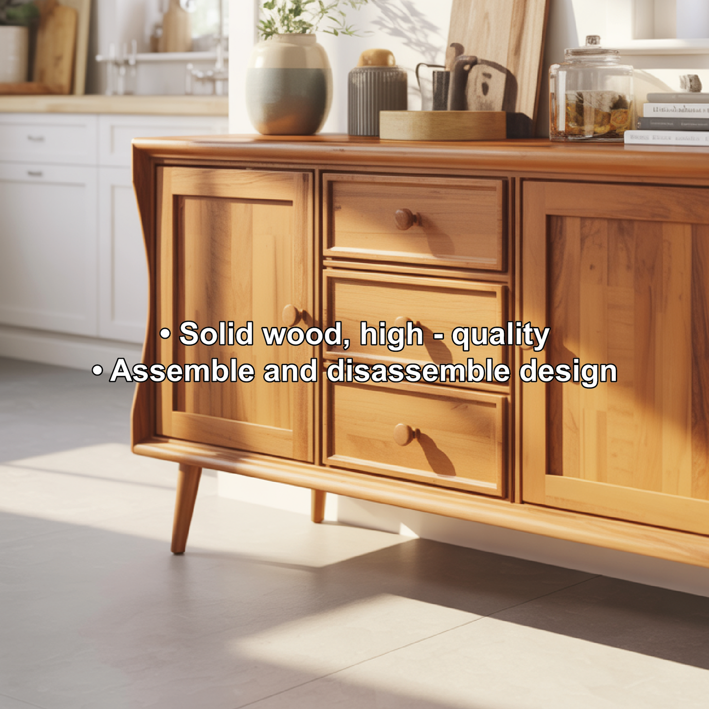 Handcrafted Solid Wood Dining Storage Sideboard with Curved Edges and Classic Cabinet Design Kitchnce