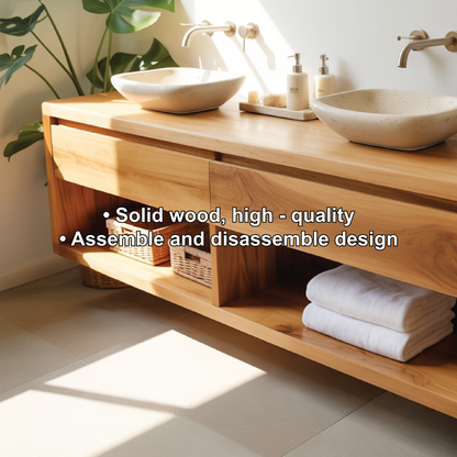 Floating solid wood vanity with double sinks – handcrafted bathroom furniture for modern homes Kitchnce