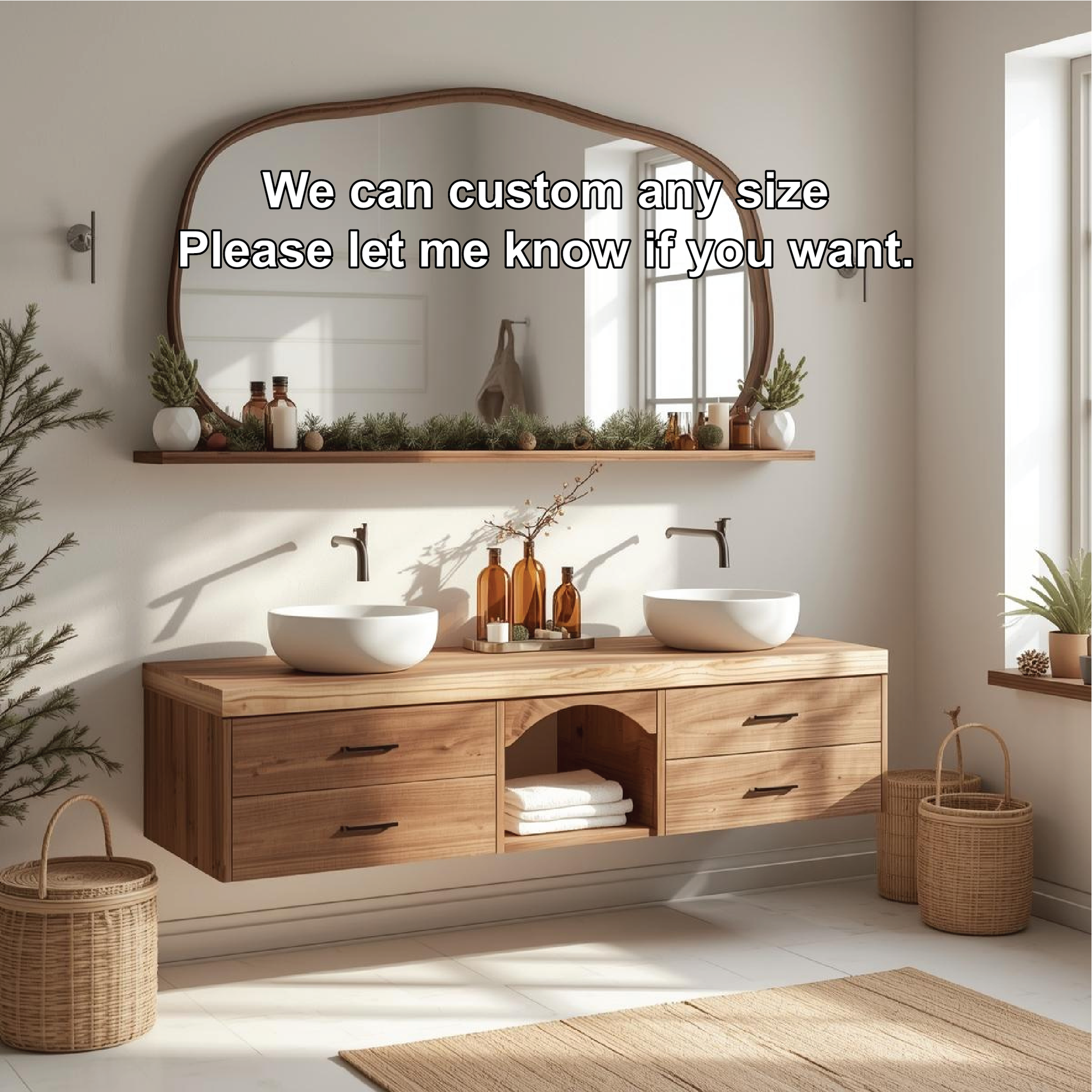 Handcrafted Solid Wood Floating Double Sink Vanity with Drawers and Natural Finish for Bathroom Kitchnce