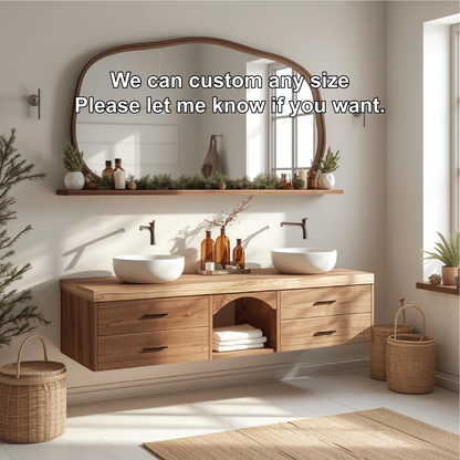 Handcrafted Solid Wood Floating Double Sink Vanity with Drawers and Natural Finish for Bathroom Kitchnce