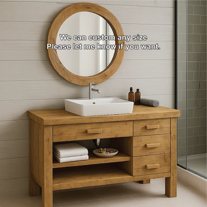 Handcrafted Solid Wood Bathroom Vanity with Drawers and Open Shelf in Natural Minimalist Style Kitchnce