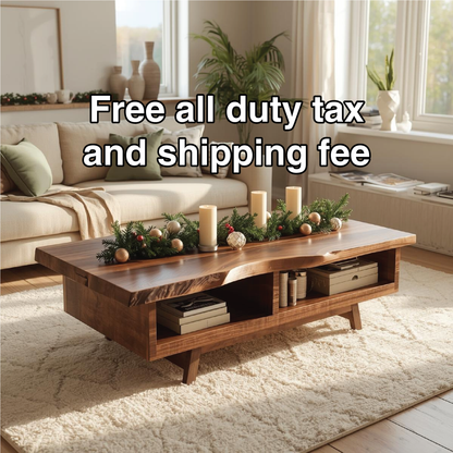 Handcrafted Solid Wood Coffee Table with Live Edge Top and Open Storage for Cozy Living Rooms