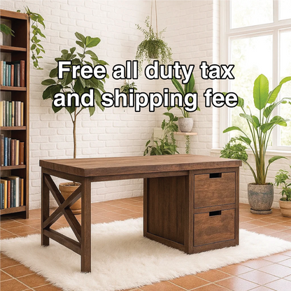 Handcrafted Solid Wood Work Desk – Rustic Office Table with Storage Drawers and Natural Finish