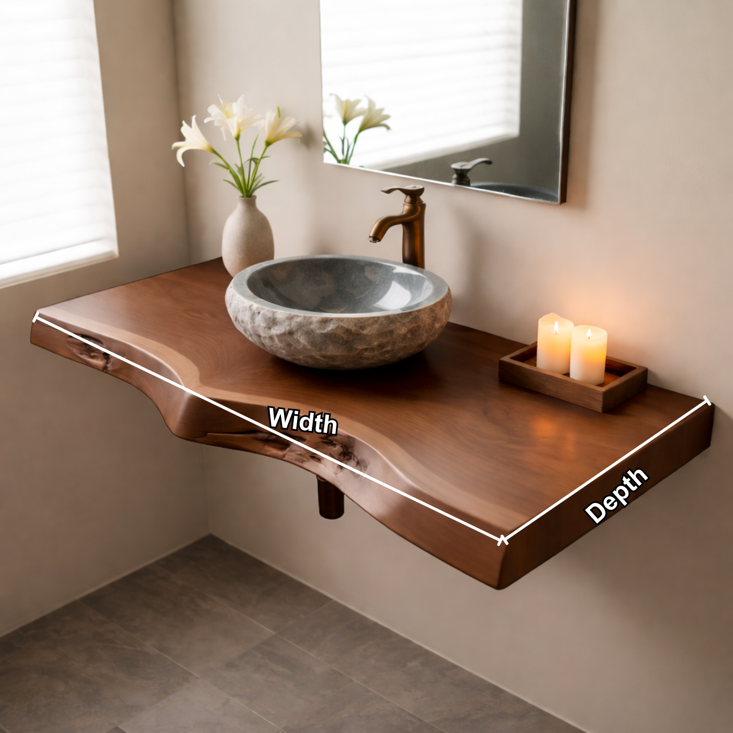Floating Live Edge Solid Wood Bathroom Vanity Shelf
