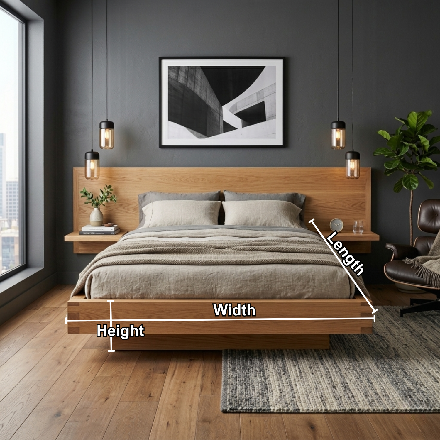 Solid Wood Platform Bed Frame with Extended Headboard Shelf