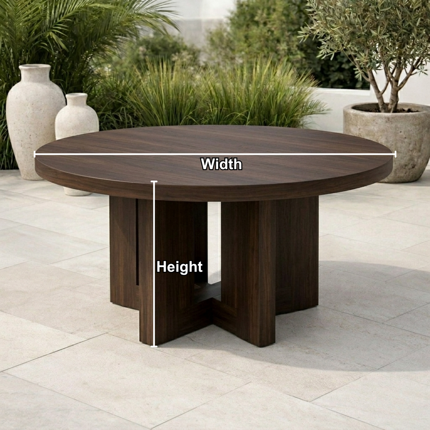 Round Solid Wood Outdoor Dining Table with Architectural Pedestal Base