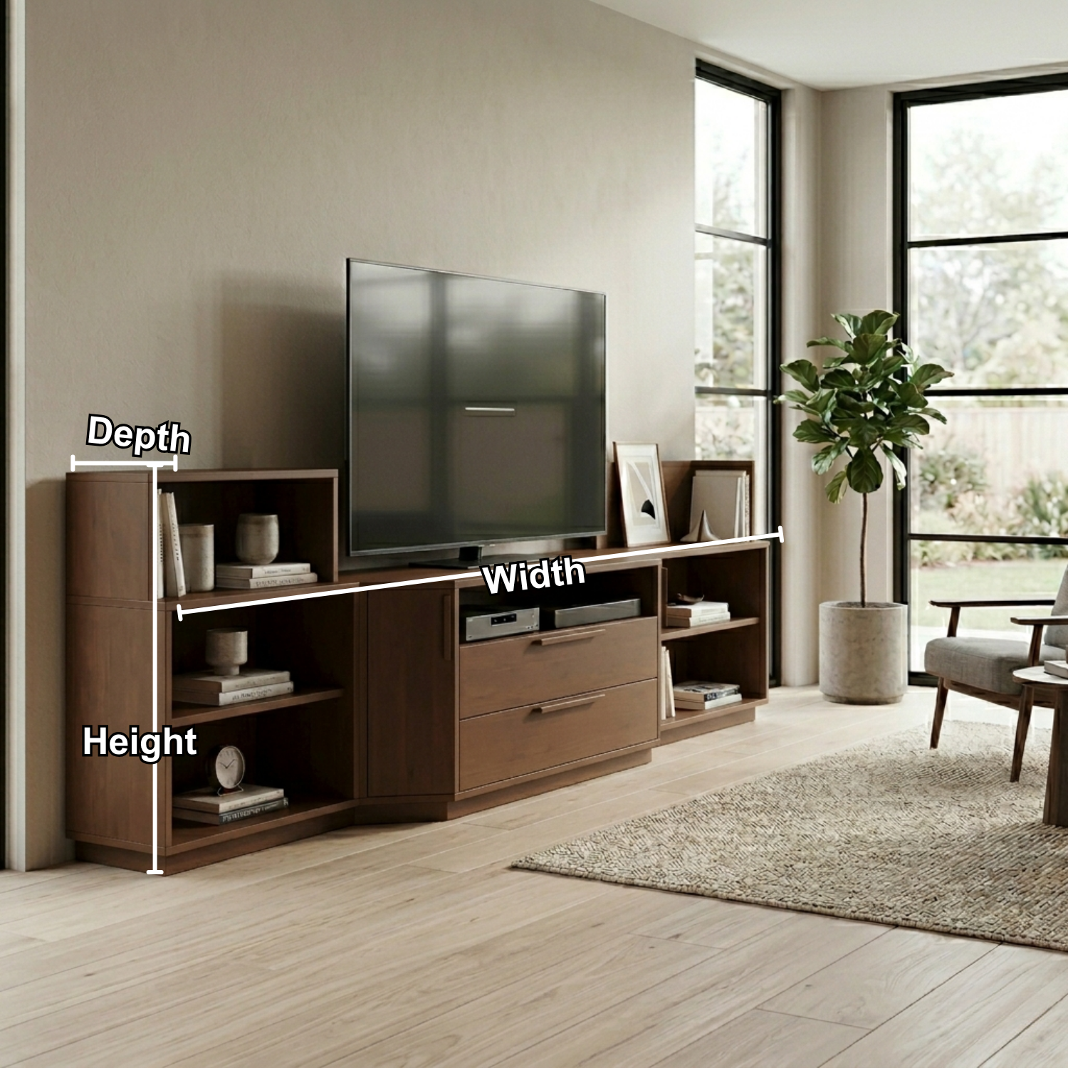 Modern Modular Solid Wood TV Stand with Open Shelves & Storage Cabinet