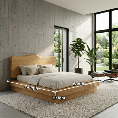 Live Edge Solid Wood Platform Bed Frame with Sculpted Natural Headboard