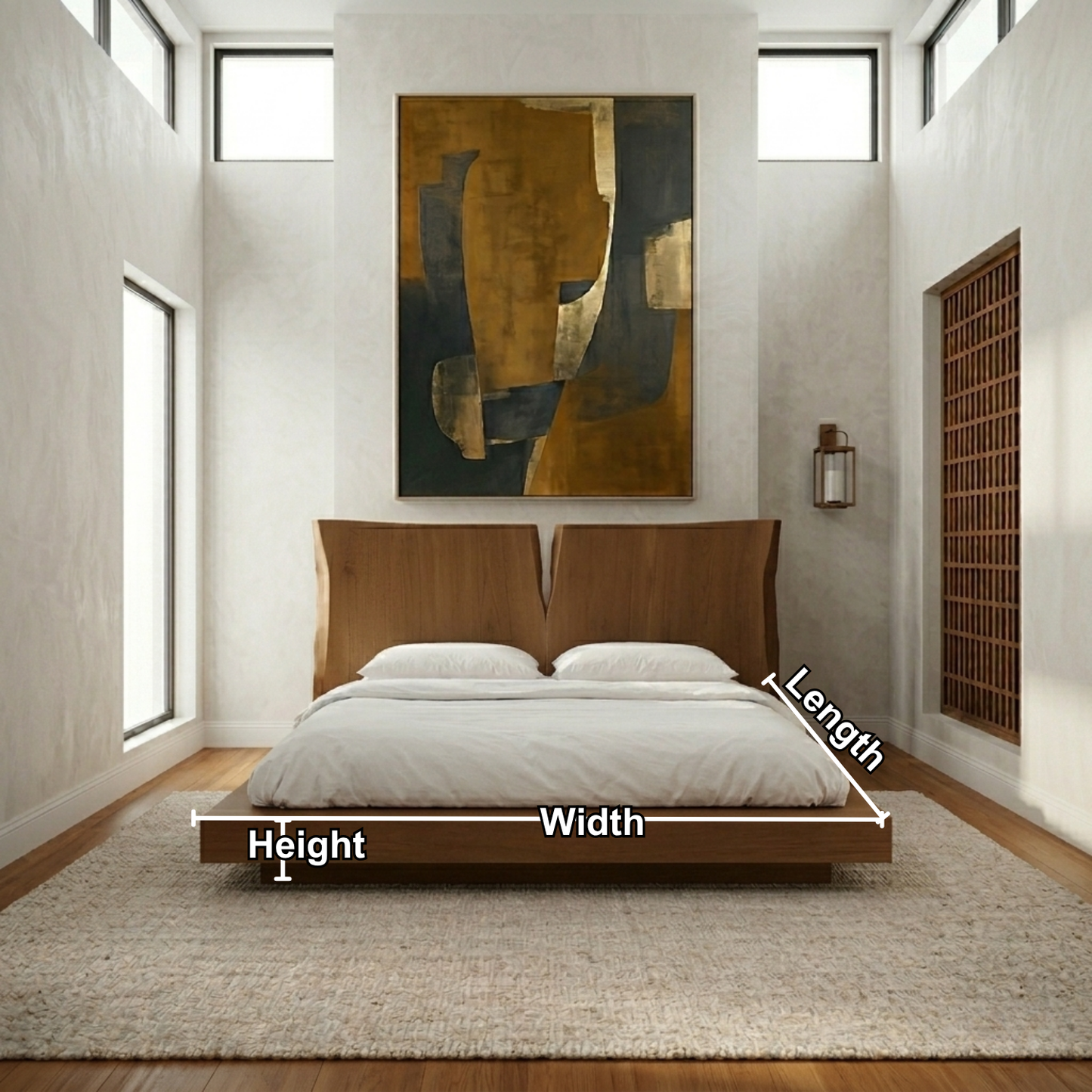 Solid Wood Platform Bed Frame with Sculpted Split Headboard