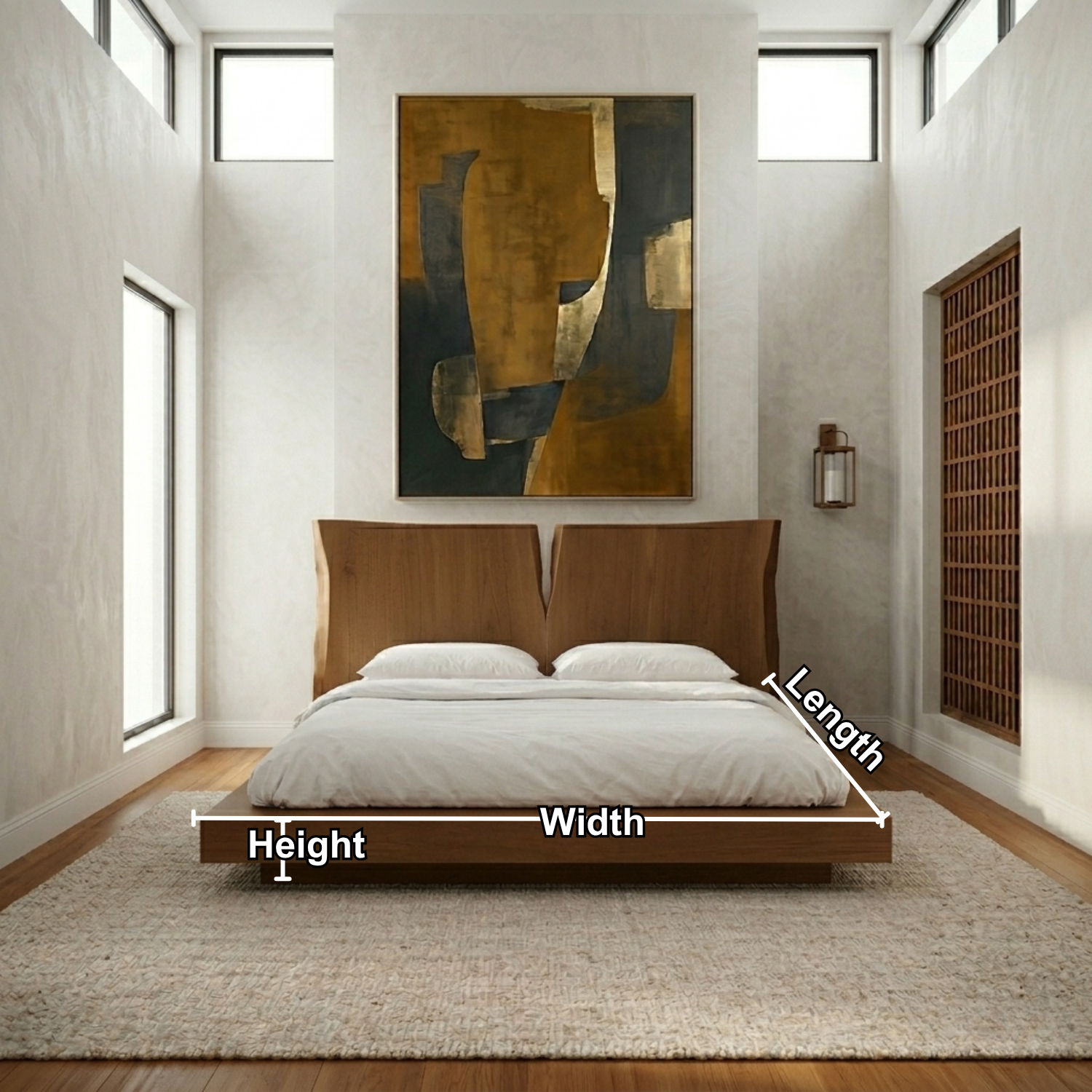 Solid Wood Platform Bed Frame with Sculpted Split Headboard