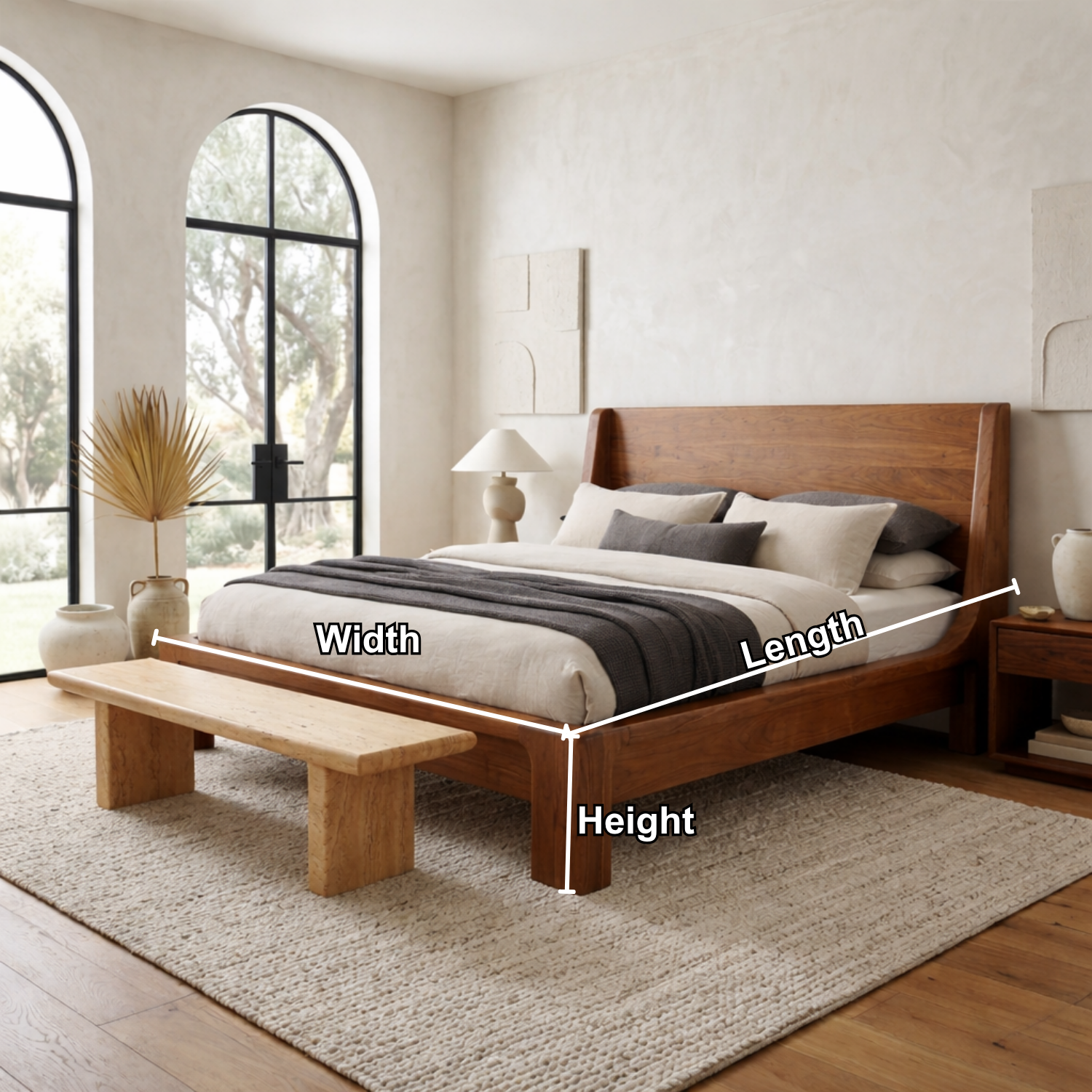 Solid Wood Platform Bed Frame with Curved Wingback Headboard