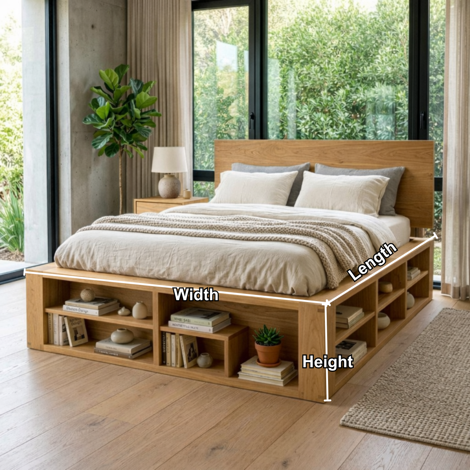 Solid Wood Platform Bed Frame with Built-In Open Shelf Storage Base