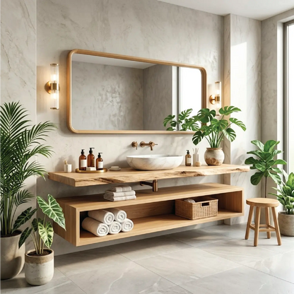Floating Vanity with Natural Wood Finish and Open Shelf for Bathroom Kitchnce