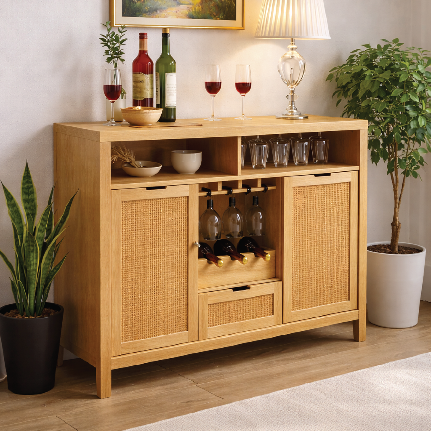 Solid Wood Wine Cabinet with Rattan Doors and Glass Rack Storage