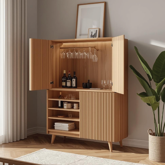 Handcrafted Solid Wood Wine Cabinet Ribbed Door Scandinavian Bar Storage with Glass Rack Display