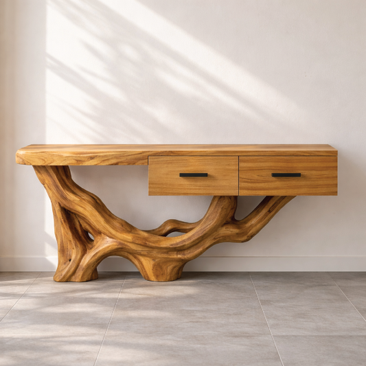 Rustic Solid Wood Console Table With Drawers, Tree Root Base Entryway Hallway Furniture Kitchnce