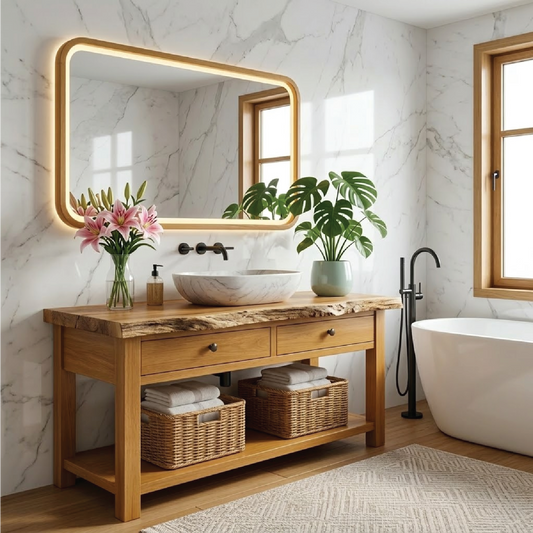 Modern Wooden Bathroom Vanity with Marble Sink and LED Mirror Kitchnce