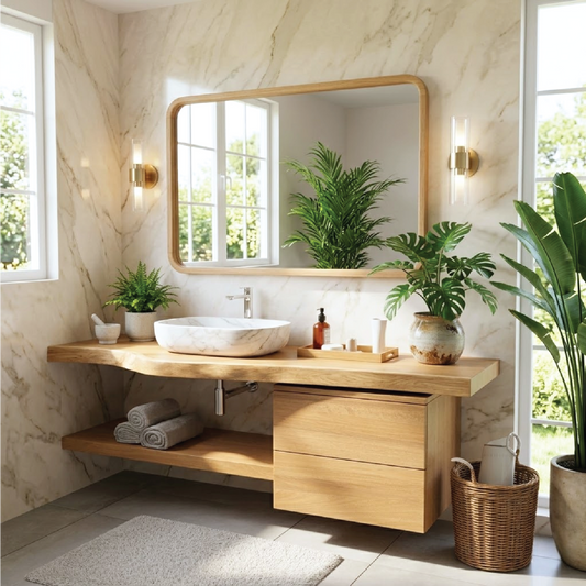 Floating Bathroom Vanity with Natural Wood Finish and Open Shelf Kitchnce