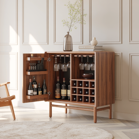 Handcrafted Solid Wood Wine Cabinet Mid Century Bar with Glass Rack and Bottle Storage
