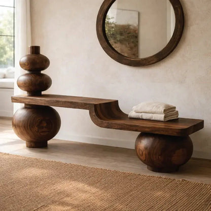 Sculptural Solid Wood Bench, Modern Artistic Entryway Statement Seating Kitchnce