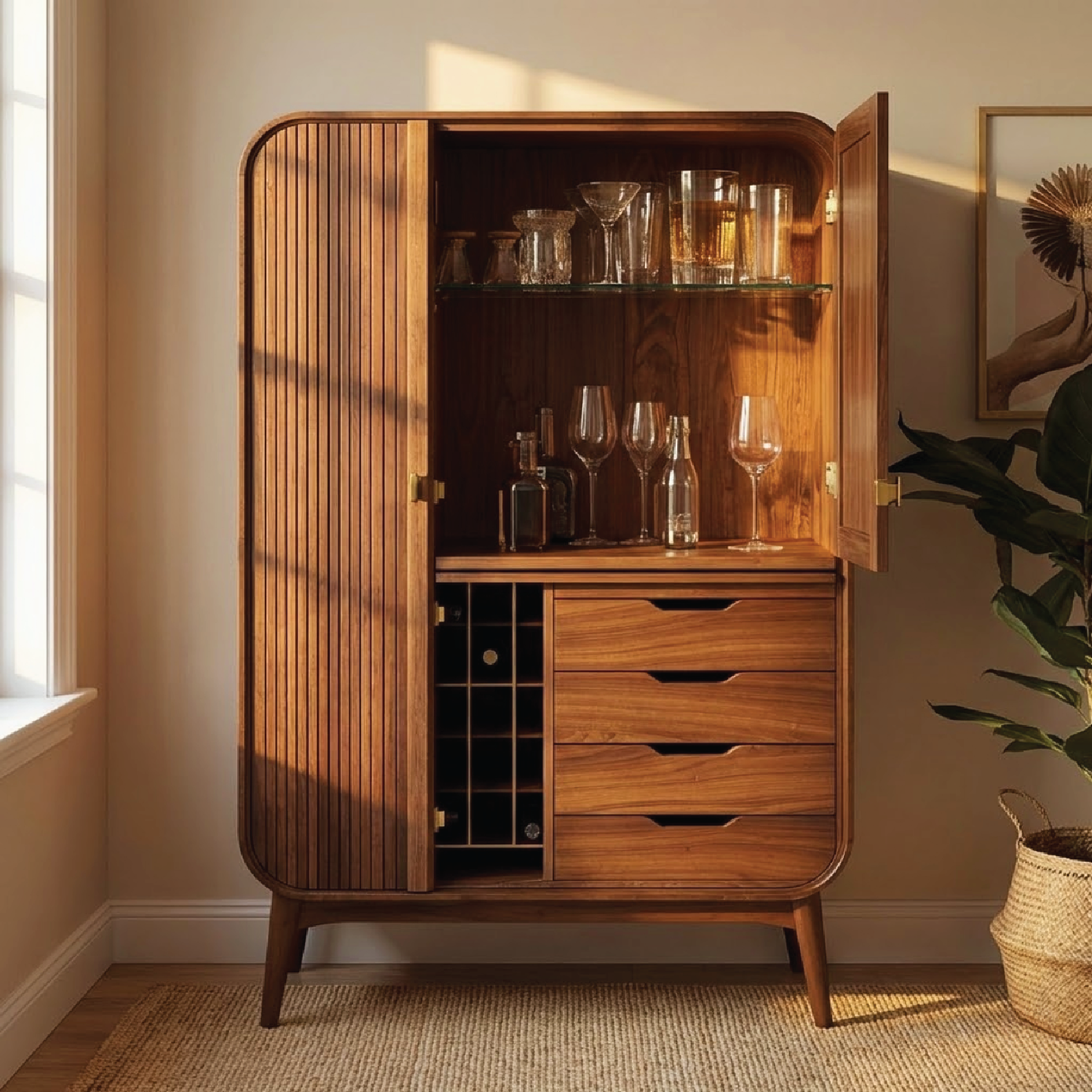 Handcrafted Solid Wood Wine Cabinet Ribbed Door Mid Century Bar Storage with Drawers