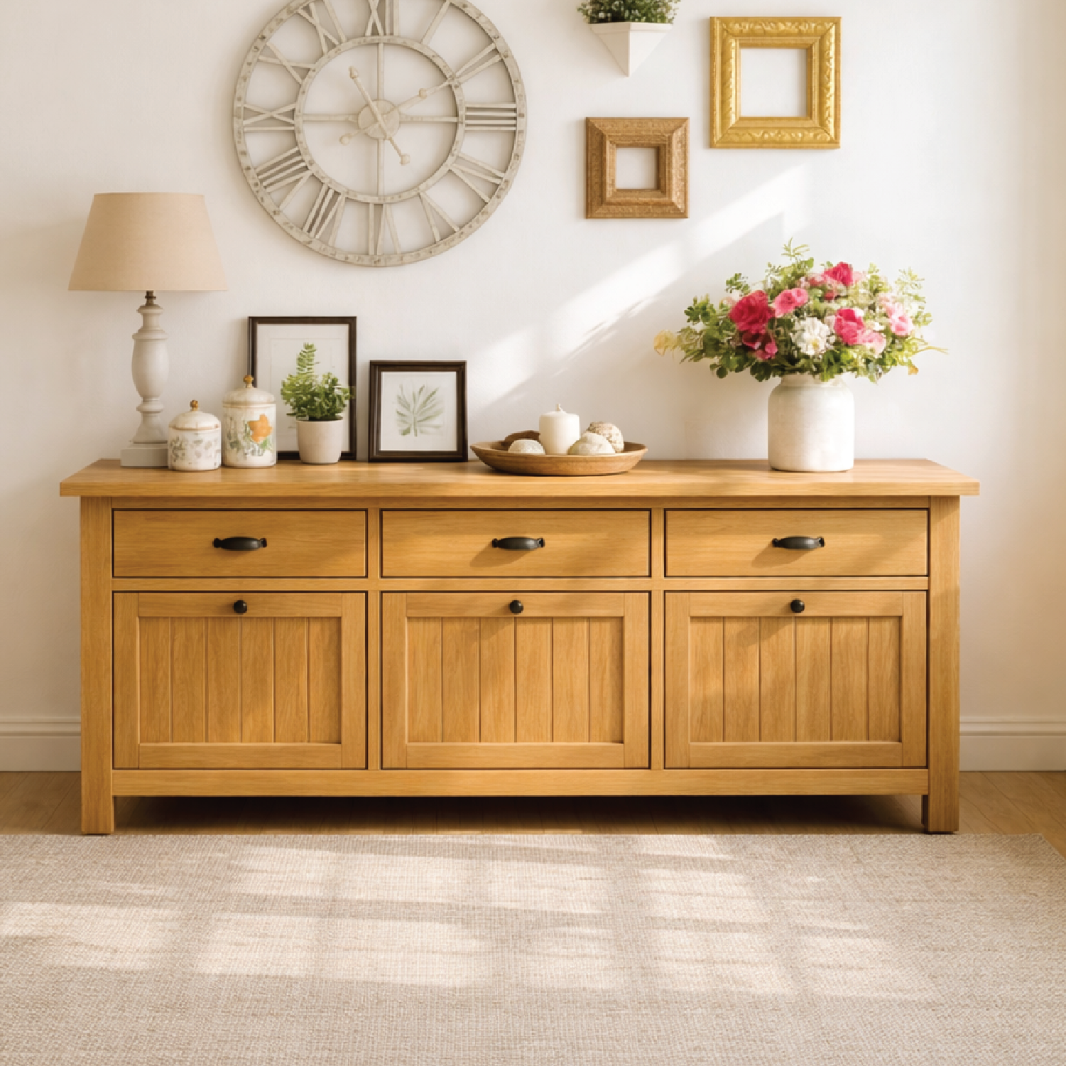 Solid Wood Sideboard Console Table with Drawers and Cabinet, Farmhouse Wood Buffet Storage Cabinet Kitchnce
