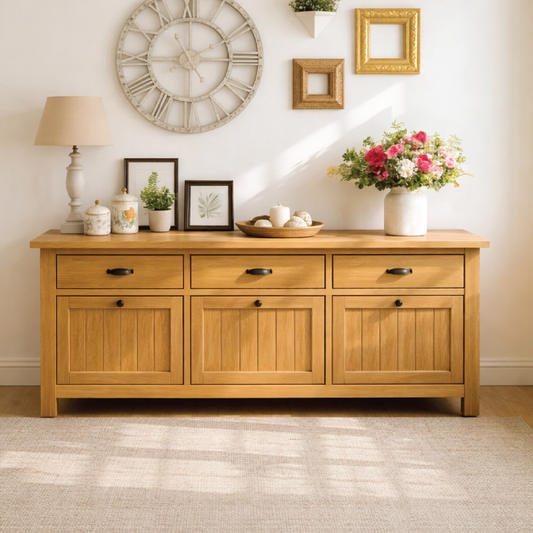Solid Wood Sideboard Console Table with Drawers and Cabinet, Farmhouse Wood Buffet Storage Cabinet Kitchnce