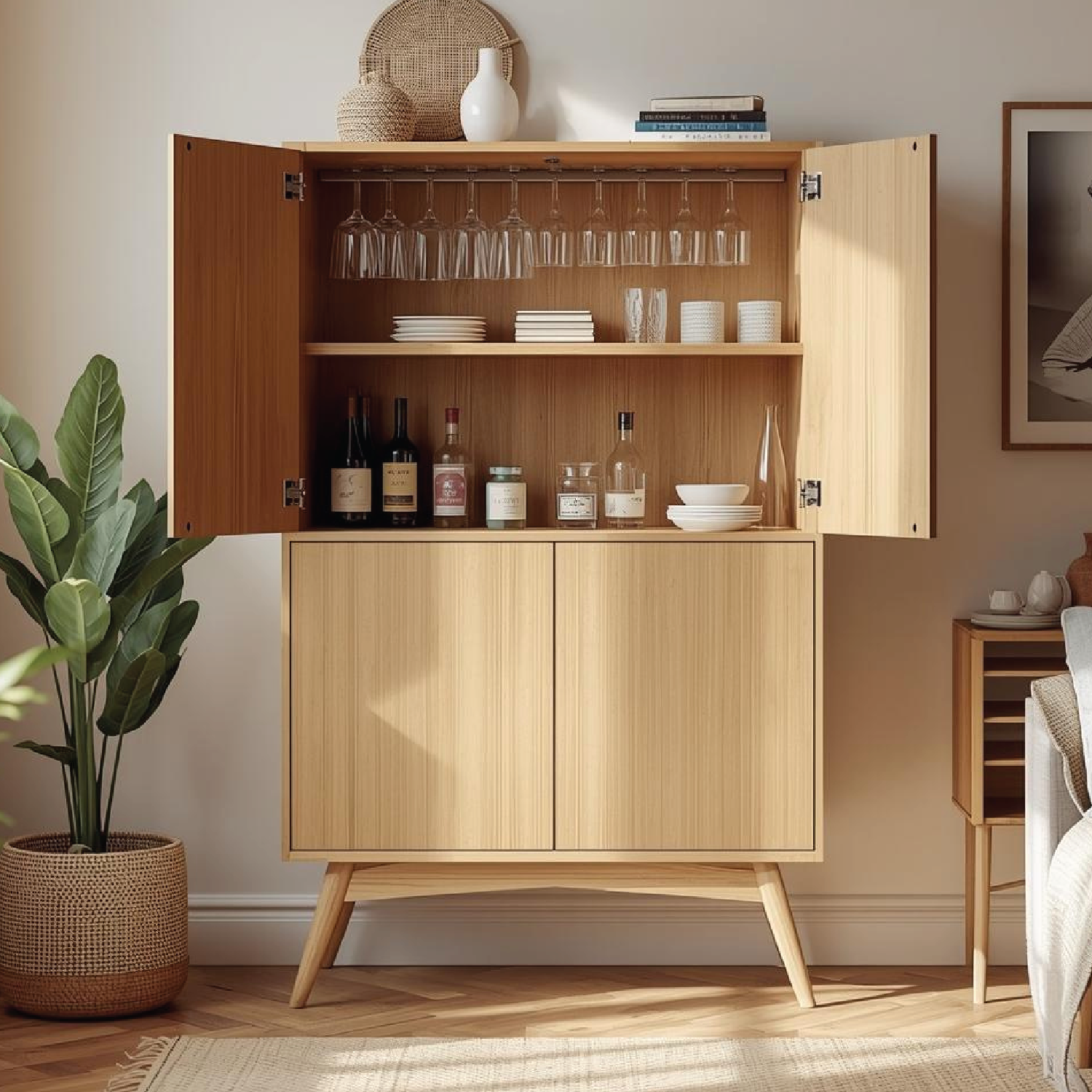 Handcrafted Solid Wood Wine Cabinet Scandinavian Bar Storage with Glass Rack Home Furniture