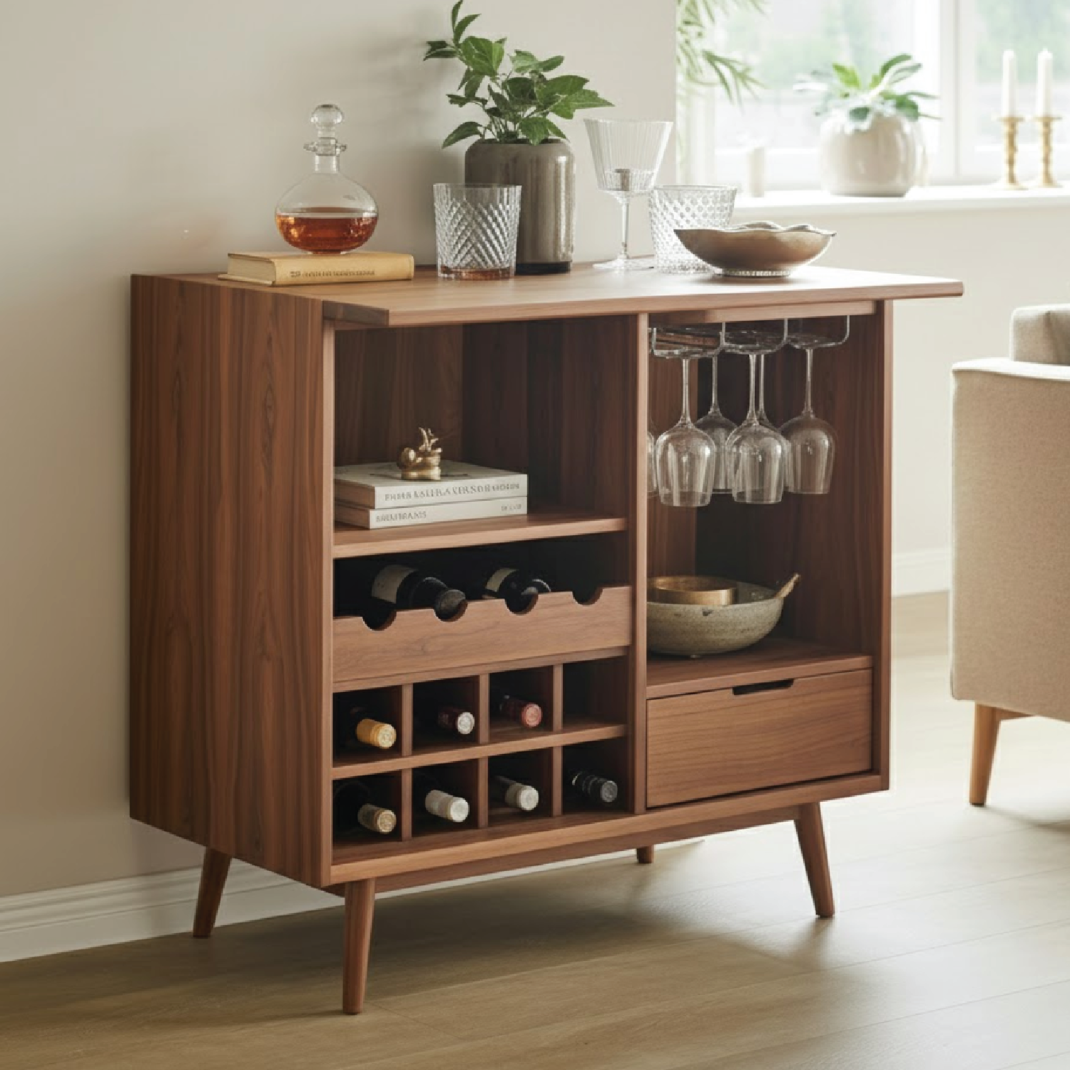 Handcrafted Solid Wood Wine Cabinet Compact Bar Storage with Glass Holder Mid Century Style