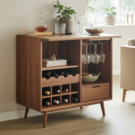 Handcrafted Solid Wood Wine Cabinet Compact Bar Storage with Glass Holder Mid Century Style